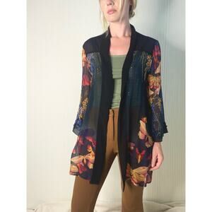 CITRON Black Sheer Silk Kimono Floral Butterflies US MEDIUM